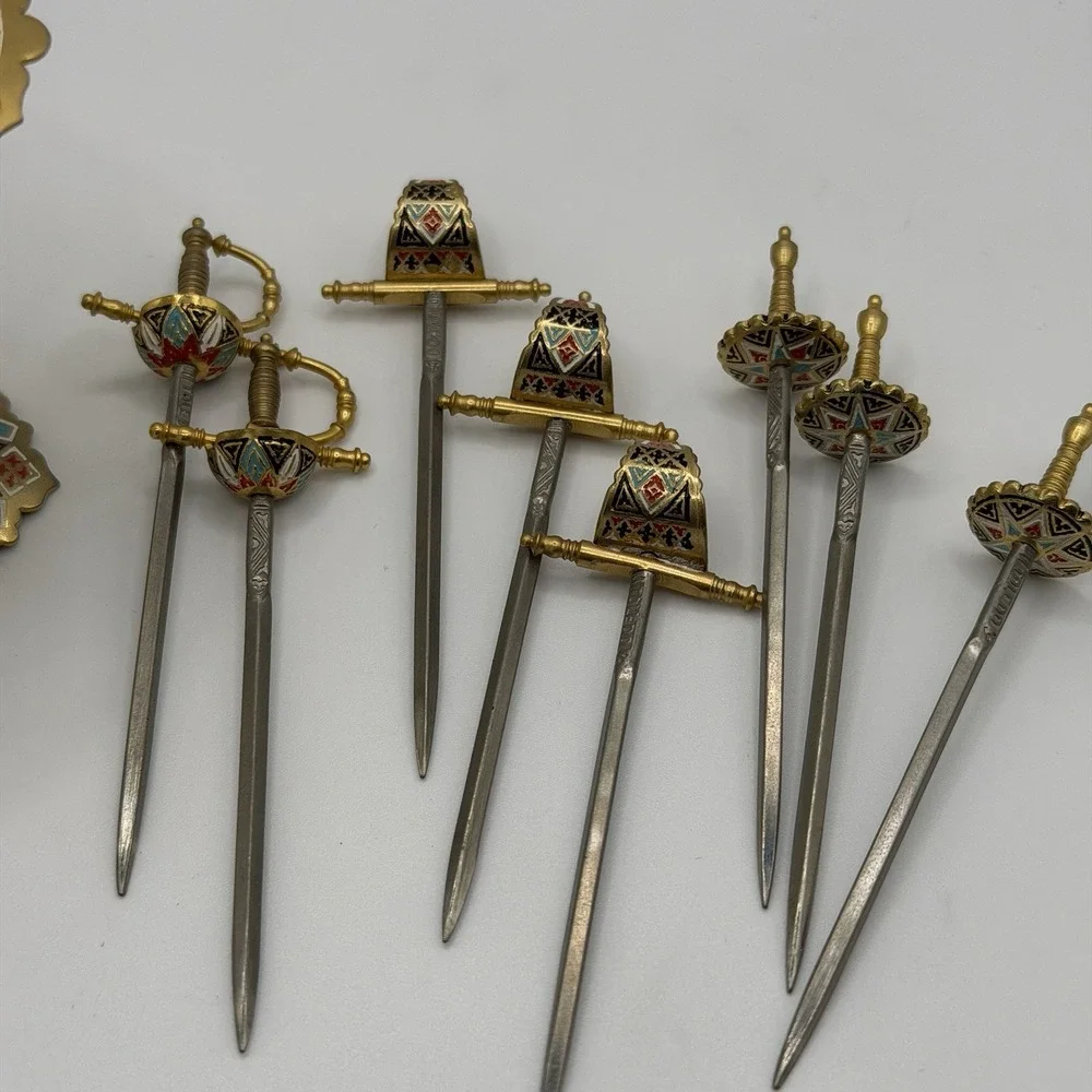 Vintage Toledo Sword Cocktail Toothpick Stand w/ 8 Swords Vintage Gold Spain